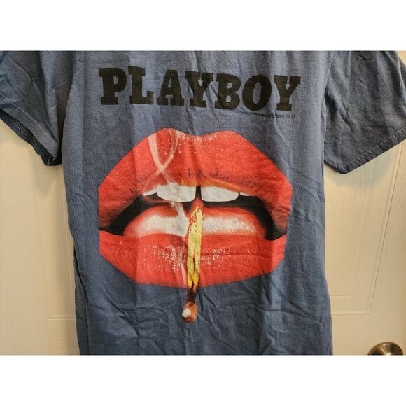 Playboy Mens Short Sleeve TShirt Red Lips Smoking Match Magazine Cover Blue Sz S - Picture 3 of 9
